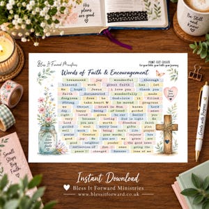May include: A rectangular printable sheet titled Words of Faith & Encouragement featuring a grid of pastel-coloured word labels, a watercolour illustration of a mason jar filled with wildflowers, and a wooden cross with a small blue heart.