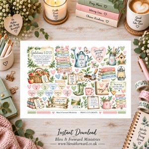 Può includere: Un foglio di stampa digitale con varie illustrazioni tra cui un cesto di mele, un annaffiatoio, stivali da giardino, libri e cuori con testo come Galatians 5:22-23, Love, Joy, Peace, Patience, Kindness, Goodness, Faithfulness, Gentleness e Self-Control.