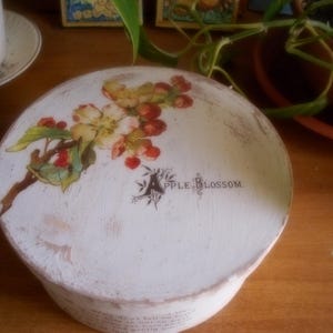 Średnica pudełka 17 cm Ciężkie pudełko kartonowe Pudełko z dekoracjami kwiatowymi Pudełko z efektem zużycia Pudełko na drobne przedmioty Unikalny egzemplarz.
