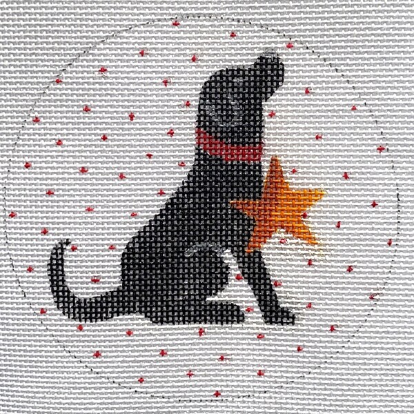 Black Labrador with Christmas Star Ornament * Hand Painted Needlepoint Canvas