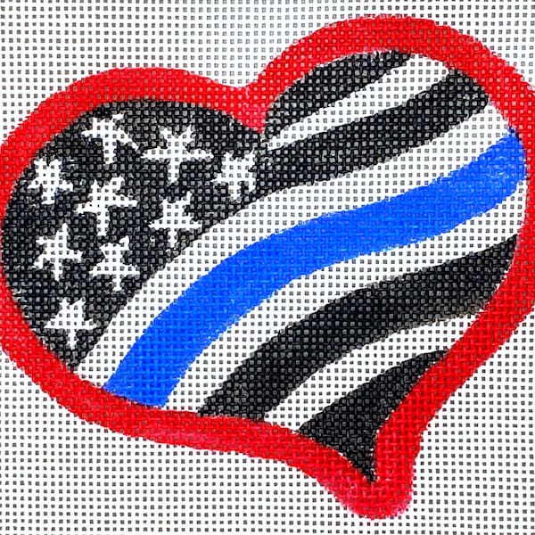 Thin Blue Line Police Heart Hand Painted Needlepoint Ornament Canvas