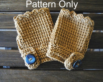 Patrón de manoplas sin dedos Sweet Waffle: par de manoplas de crochet tunecinas abotonadas. Clásico, bonito y práctico.