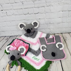 Crochet Koala Baby Lovey Gift Set, Customized Nursery Decor