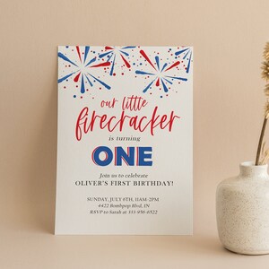 Our Little Firecracker is Turning One Fourth of July Birthday Invitation, Printable Invites