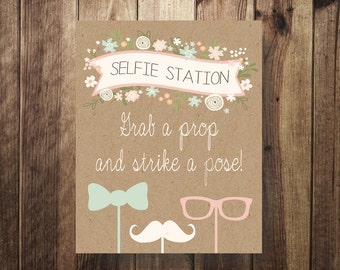 Selfie Station Sign, DIY Photo Booth, Mint, Coral, Baby Shower Printable, Birthday Party, Baby Sprinkle Sign, Gender Reveal Sign, Kraft