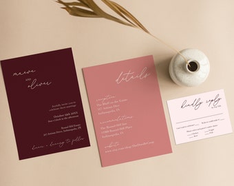 Dusty Pink Warm Rose Blush Wedding Invitation Suite, Minimalist, DIY Print your own Wedding Invites, Boho, WSG