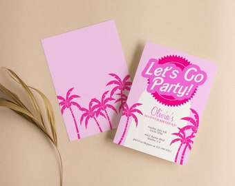 Let's Go Party Girly Birthday Party Invitation, Doll Birthday Party Invite, Pool Party