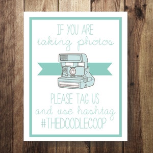 May include: A white sign with a teal border and text that reads "If you are taking photos please tag us and use hashtag #THEDOODLECOOP". A teal ribbon with a cartoon drawing of a blue and gray Polaroid camera is above the text.