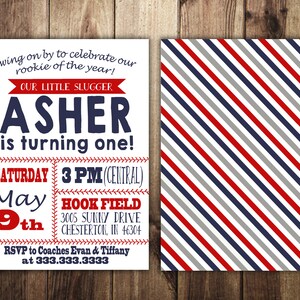 Baseball Birthday Invitation, First Birthday, Boy Birthday, Red, Navy, Little Slugger, Baseball Theme Party, Printable Invites, Double Sided