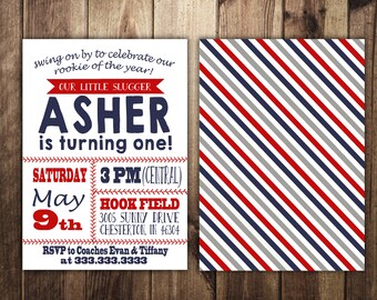 Baseball Birthday Invitation, First Birthday, Boy Birthday, Red, Navy, Little Slugger, Baseball Theme Party, Printable Invites, Double Sided