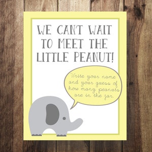 Elephant Baby Shower Game, Safari Shower, Peanuts in the Jar, Baby Shower Game Sign, Yellow, Gray, Gender Neutral Baby Shower, Printable