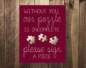 Burgundy and Gold Please Sign a Puzzle Piece, Sign Our Guest Book, Wedding Reception, DIY Printable Design, Rustic Chalkboard