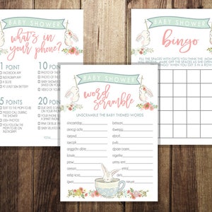 Bunny Baby Shower Game Pack 1 / Spring Baby Shower / Baby Shower Bingo Cards / Cosa c'è nel tuo telefono / Word Scramble / Attività di baby shower