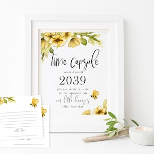 First Bee-day Time Capsule Sign and note cards, Our Little Honey is Turning One Birthday Printable, HNY