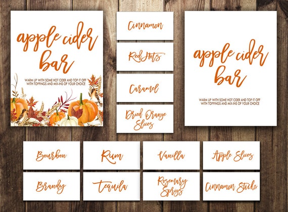 Apple Cider Bar Sign | Hot Cider Bar | Fall Wedding | Bridal Shower | Autumn Baby | Spiked Hard Cider | Pumpkin Leaves | Orange | Rustic PKN
