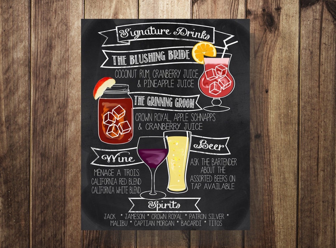 Custom Rustic Bar Menu Sign for Weddings, Signature Cocktail Printable