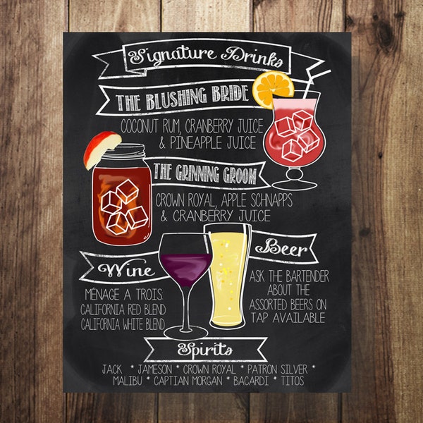 Custom Rustic Bar Menu Sign for Weddings, Signature Cocktail Printable, Signature Drinks