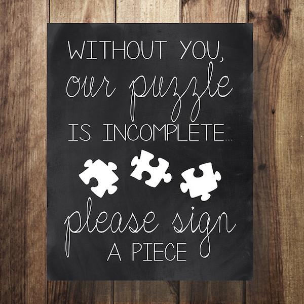 Please Sign a Puzzle Piece, Sign Our Guest Book, Wedding Reception, DIY Printable Design, Rustic Chalkboard