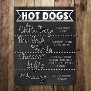 Hot Dog Bar Schild, machen Sie Ihr eigenes druckbares Menü, Hochzeit Empfang, Super Bowl, Geburtstag Abschluss, Cookout, Outdoor Lagerfeuer Essen, CBN