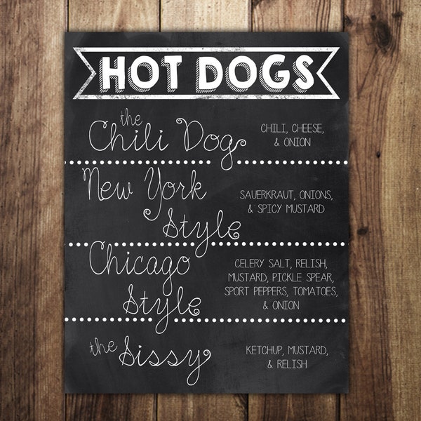 Hot Dog Bar Sign, Make Your Own Printable Menu, Wedding Reception, Super Bowl, Birthday Graduation, Cookout, Outdoor Campfire Food, CBN