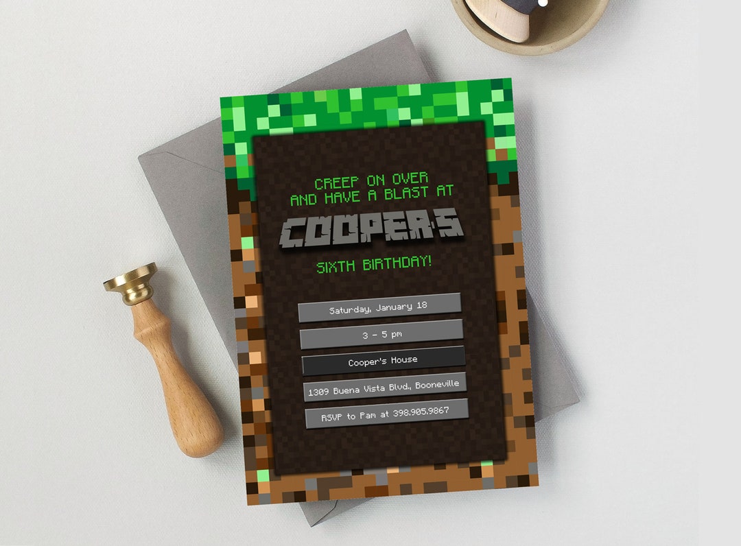 Pixelated Minecraft Style Birthday Invitation, Gamer, Game Truck