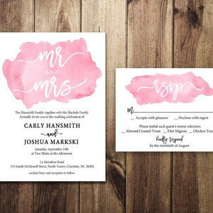 Invito al matrimonio acquerello rosa / Arrossire / Biglietto di invito e risposta stampabile / Matrimonio di primavera o estate / Invito al matrimonio