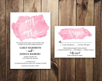 Pink Watercolor Wedding Invitation | Blush | Printable Invitation and Response Card | Spring or Summer Wedding |  Wedding Invite