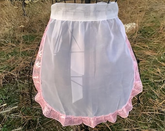 White Sheer Apron with Pink lace Ruffles, Cottage-core Apron, Dance Apron, Bridal Shower White apron