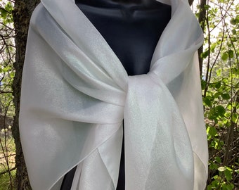 Iridescent AB white  Shawl for Bride, Pearly white scarf, Elegant Wedding Shawl, Extra Large Bridal Shawl Organza fabric Bridal Shawl