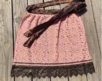 Bright Coral Pink Fabric apron with Brown Sequins Trim Dirndl Apron for Octoberfest women’s half Apron for Fall Festival