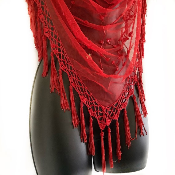 Sparkly Red Shawl with Sequins, Red Shawl with Fr… - image 10