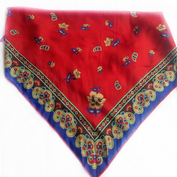 Vintage Red Floral Scarf Blue Floral scarf Small scarf, Red Square scarf Coworkers Gift under 10  Chemo Head Scarf, Pretty Gift for Teacher