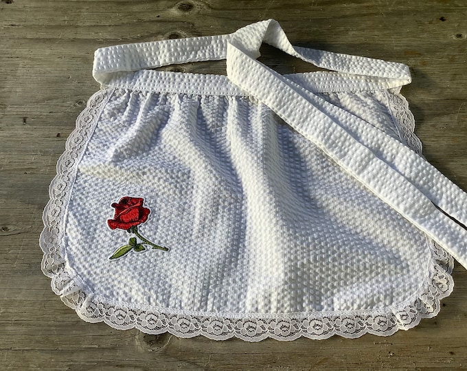 Cute White Apron With Lace Ruffles, Rose Appliqué French Maid Apron ...