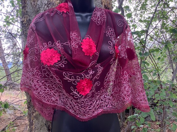 Evening Lace Shawl for Women, Dark Red Long Lace Shawl