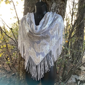 White Silk shawl with Fringe, Gold Metallic Fabric Scarf Outdoor Fancy Wedding Shawl, Silk Shawl, Square Dancing Scarf with Fringe