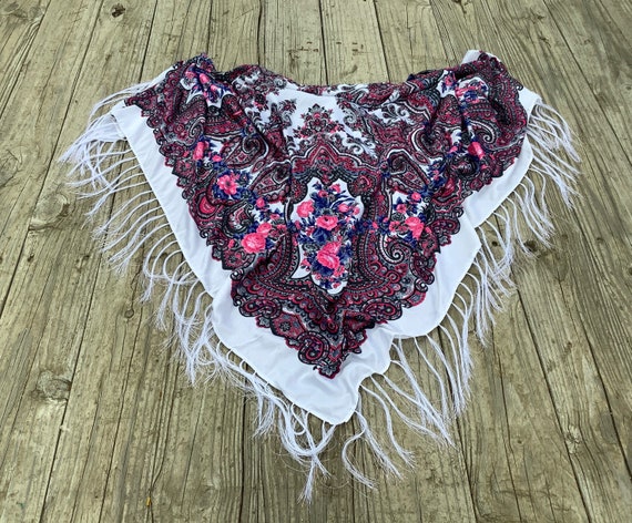 White Floral square scarf - Fringe Floral White s… - image 3