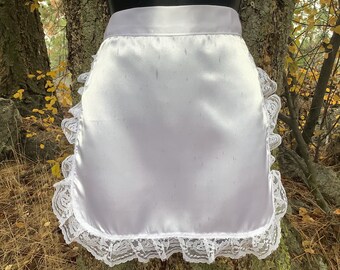 White Satin Ruffled Half Apron, French Maid Style, Old Fashioned