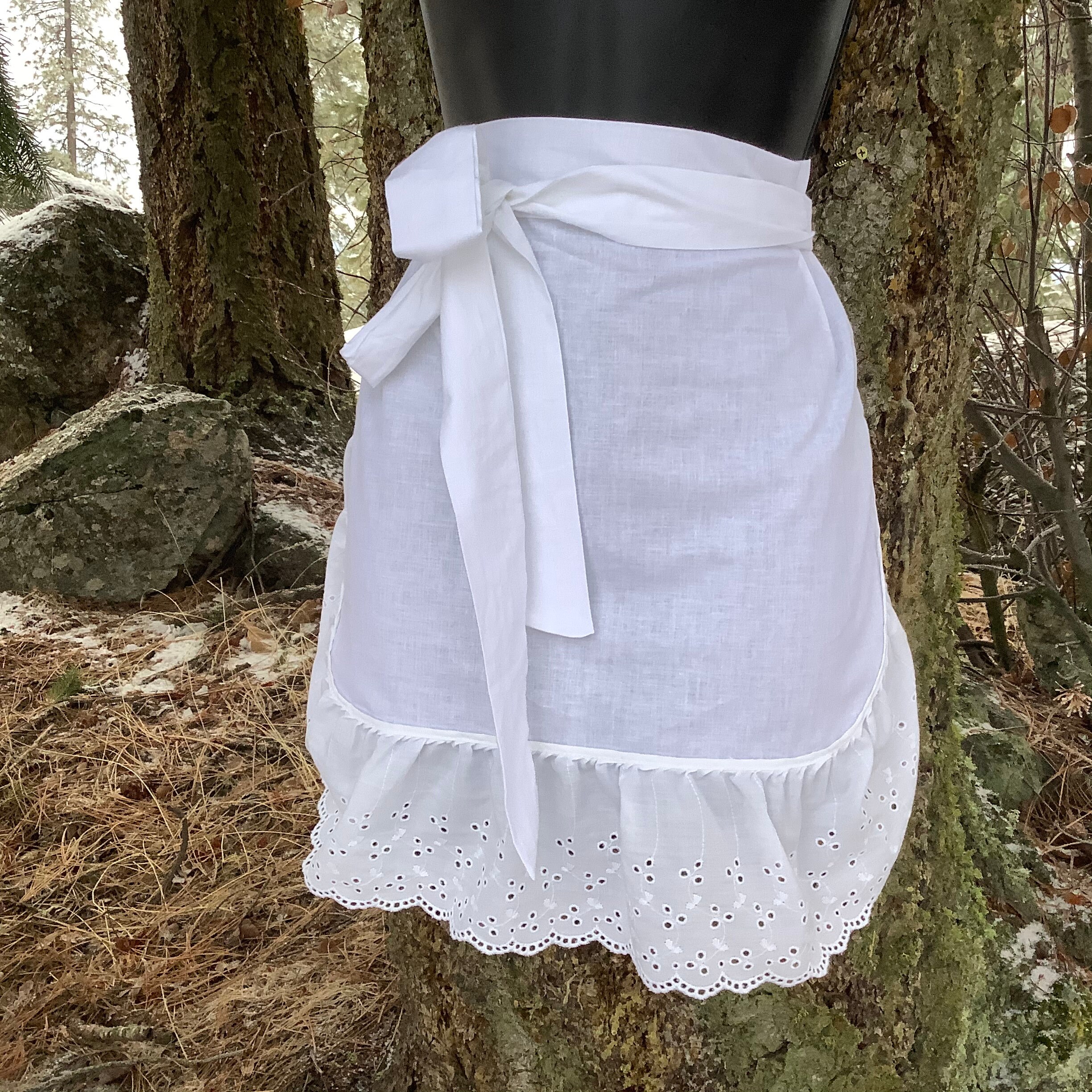 20” White Apron With Eyelet Ruffles, Old Fashioned Apron for