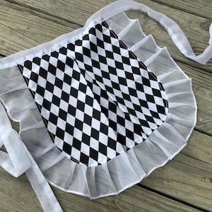 Black White Apron with Ruffles, TV Show Maid apron, White Black Diamond Print Apron, Black White Checkered Apron Over Shoulder strap Apron