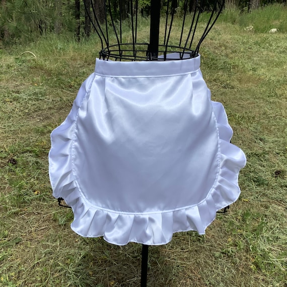 White Satin Ruffled Half Apron, French Maid Style, Old Fashioned