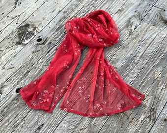 Red Lace Scarf, Gifts ideas for Wife Bright Red Fabric Scarf, Women’s Long scarf, Wedding Scarf for guests, Birthday Gift for Girlfriend