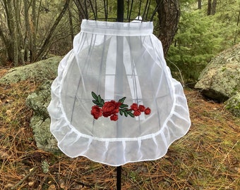 Sheer White Apron with Red Roses appliqué Sheer White Maid apron, Old Fashioned Apron for Ladies, White Cottagecore Apron for Woman