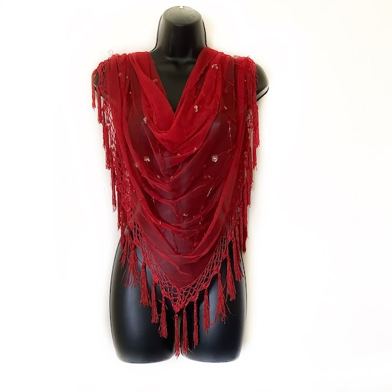 Sparkly Red Shawl with Sequins, Red Shawl with Fr… - image 1