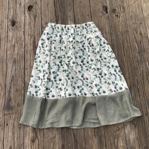 100% Linen Green Skirt Peasant, 2 Ruffles Long Ankle Skirt Adjustable Waist, Paisley print Skirt Cottage-core for women