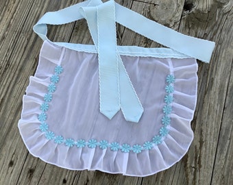 White Sheer Apron with Ruffles & Blue Ribbon Straps, Cottage-core Apron, Dance Apron, Bridal Shower White apron