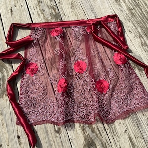 Dark Red Lace Fabric apron with 3D flower  Deep Red half Apron, Dirndl Apron for Octoberfest women’s half Apron for Women