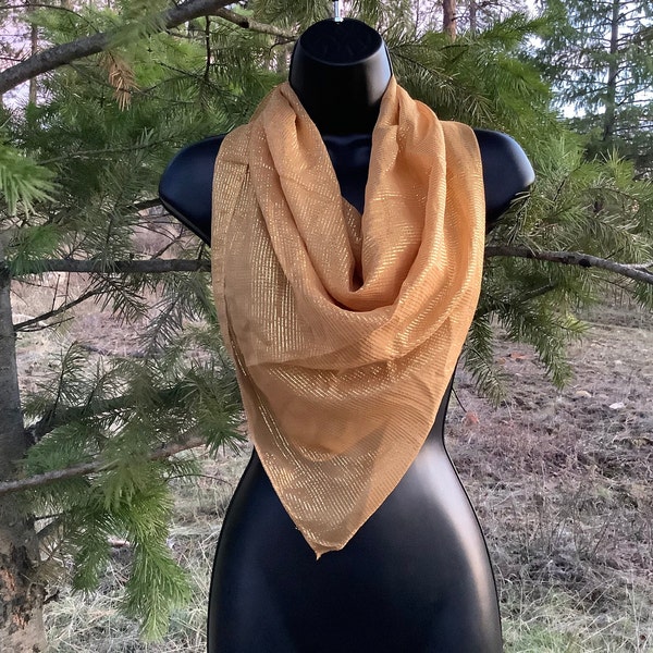 35X35 Antique Gold Silk Scarf, Metallic Gold Silk Square Scarf, Mothers Day Gift for Mother in law Gift for Friend, Sparkly Silk Head Scarf