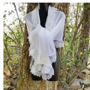 White Elegant Shawl for Bride, Long White Victorian Shawl, Lace Ruffles white Scarves, Sheer White Wedding Scarf, Long Pretty White Shawl