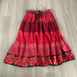 RED Skirt Patchwork Ruffled Skirt Adjustable Waist, Floral Paisley Skirt Cottage-core Spring Clothing for women Native Skirts