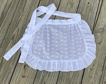 Large White Eyelet Apron with Ruffle, French Maid Apron, Bridal Shower, White Cotton Aprons for Her, Birthday Gift for Women  Made in USA